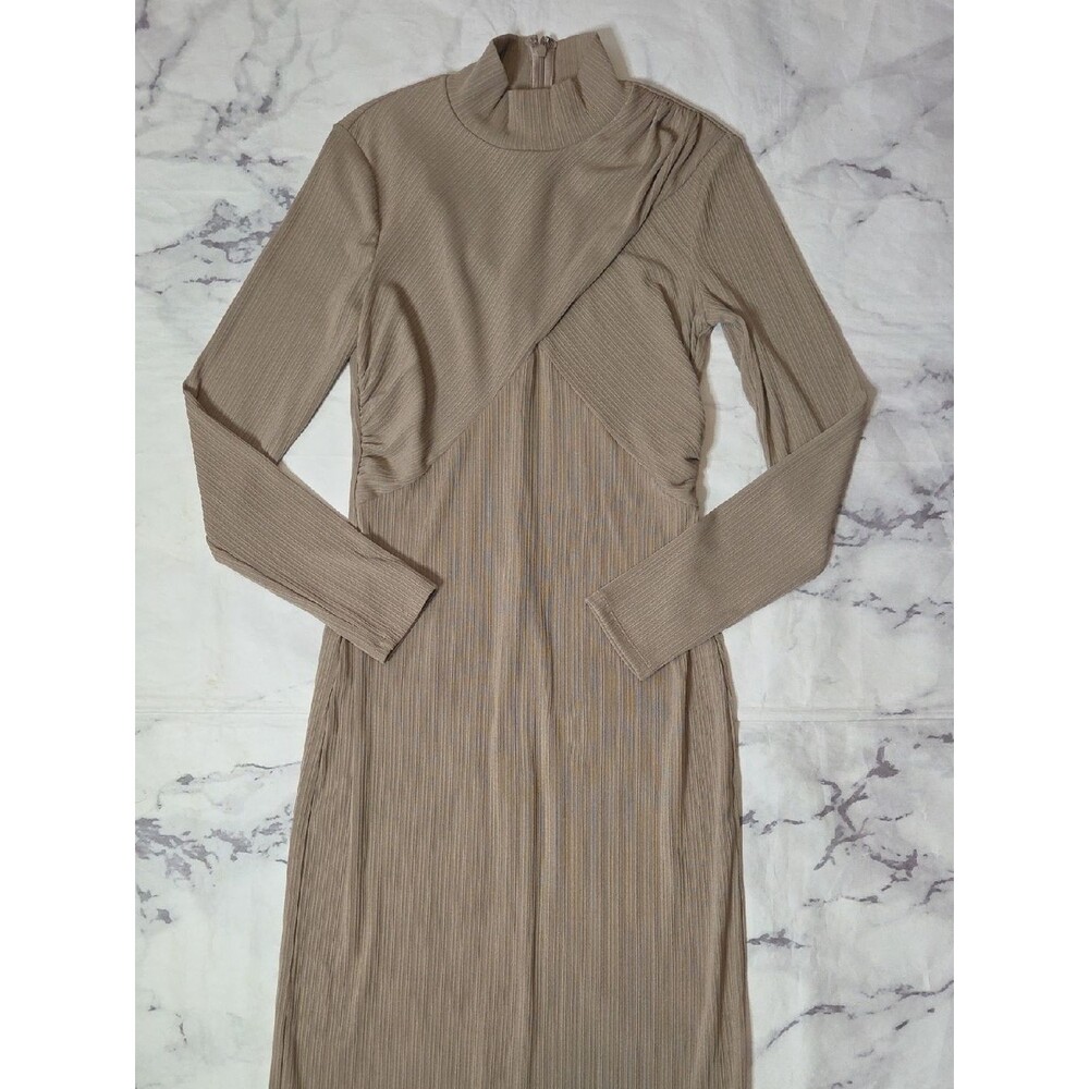 Reformation Taupe Malorie Mock Neck Ribbed Midi Dress